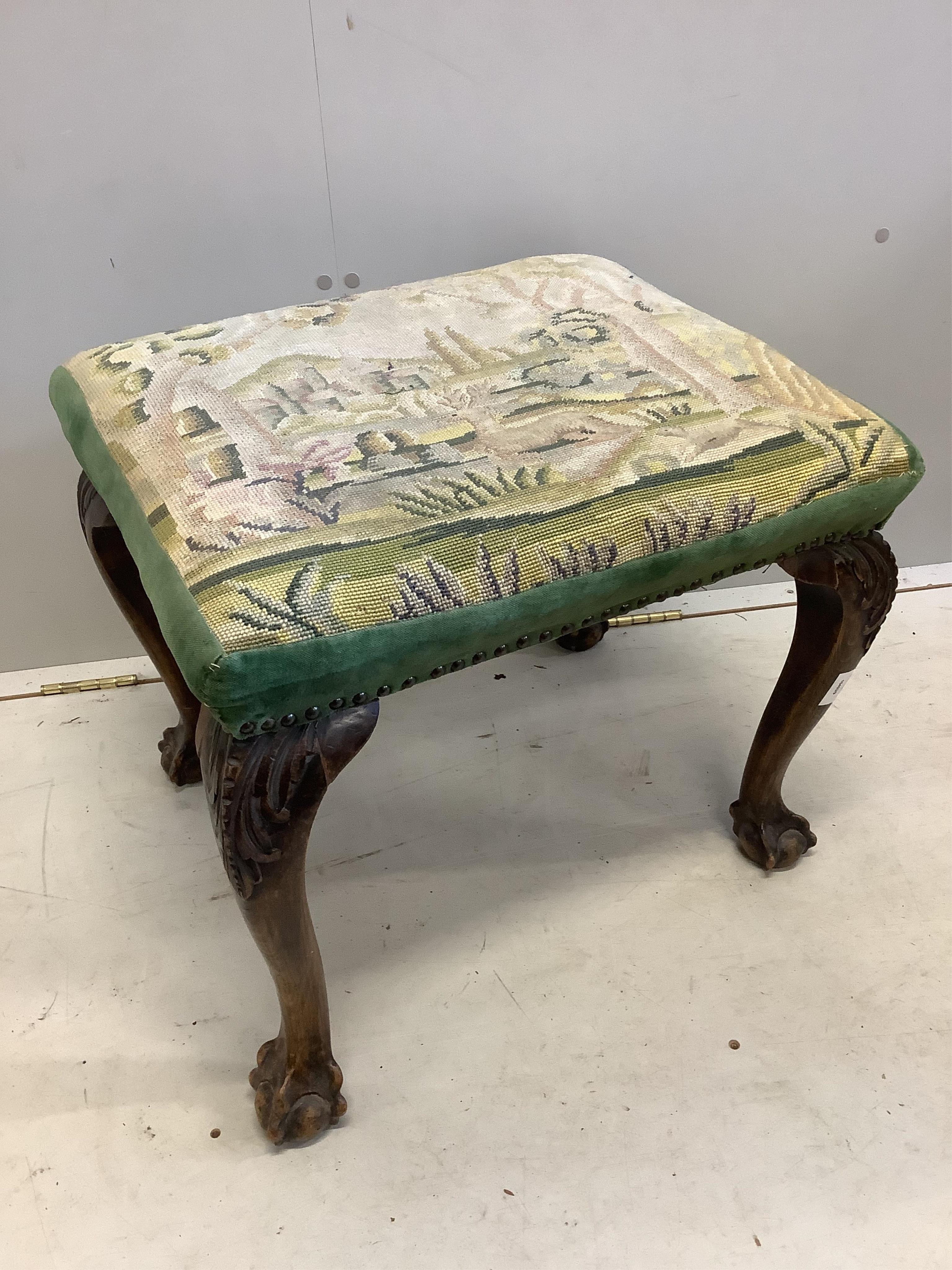 A George II style beech dressing stool, on cabriole legs, width 56cm, depth 46cm, height 49cm. Condition - poor